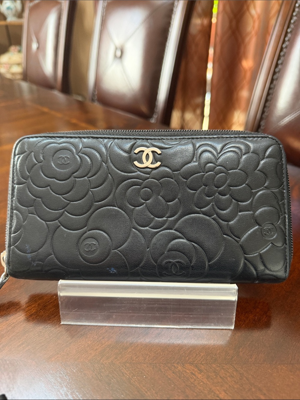 CHANEL Black Camellia Quilted Zip-Around Wallet with CC Logo